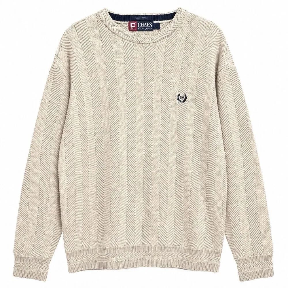 Chaps Ralph Lauren Sweater L Cream Hand Framed Herringbone Cotton Knit Heritage